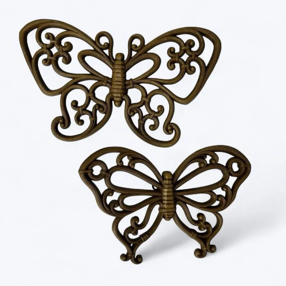 Vintage Syroco Homeco Butterfly Wall Hanging Set Of 2 Brown Decor Plaque‎ MCM